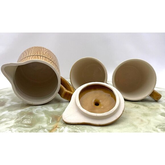 Vintage 60s coffee set, coffee pot & 2 cups, faux wood grain, Royal Sealy Japan - Picture 5 of 7